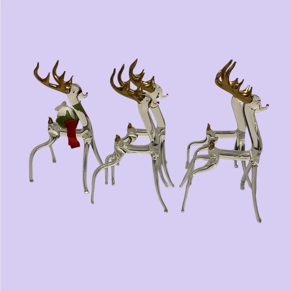 Vintage Reindeer 22 K Gold Overlay Hand Blown Glass Reindeer 5 Piece Set Clear